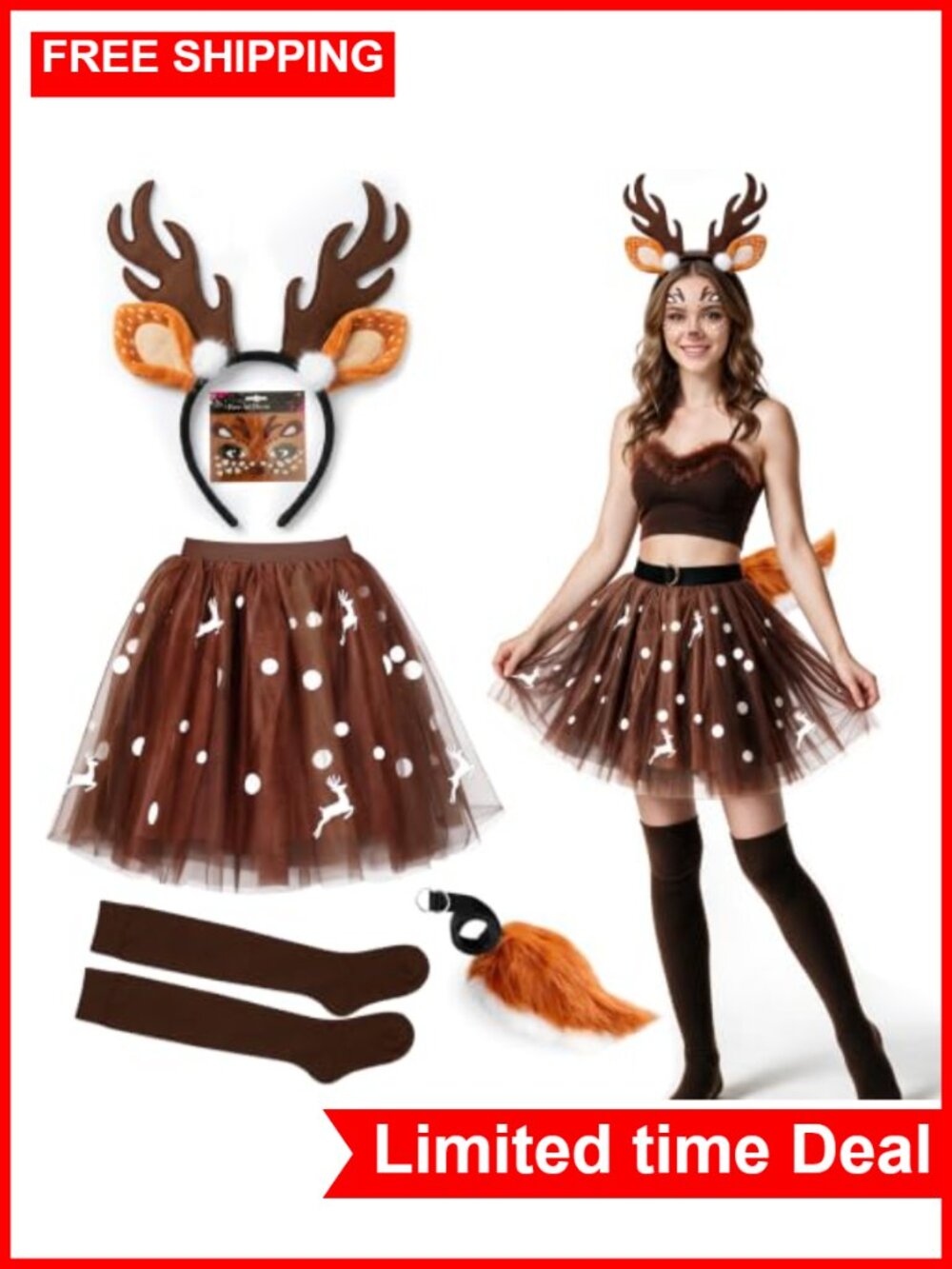 Women's Deer Print Tutu Skirt Antler Headband Tail Set